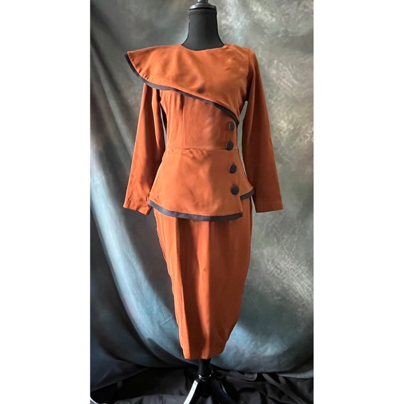 Vtg 1980s MAY Couture Rust Brown Peplum Dress Avant Garde Power Dressing Size 10 - Picture 1 of 6